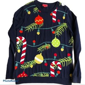 Ugly Christmas Sweater Mixed Textures Ornaments Candy Canes Navy size M